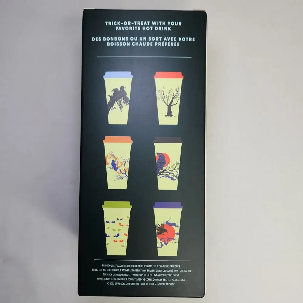 Starbucks Reusable Hot Cups‎ Glow In the Dark Set of 6 with Lids 2022